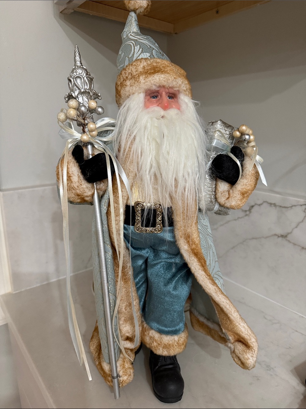 Holiday Santa Figurine in Light Blue and Gold - Decorative Christmas Accent